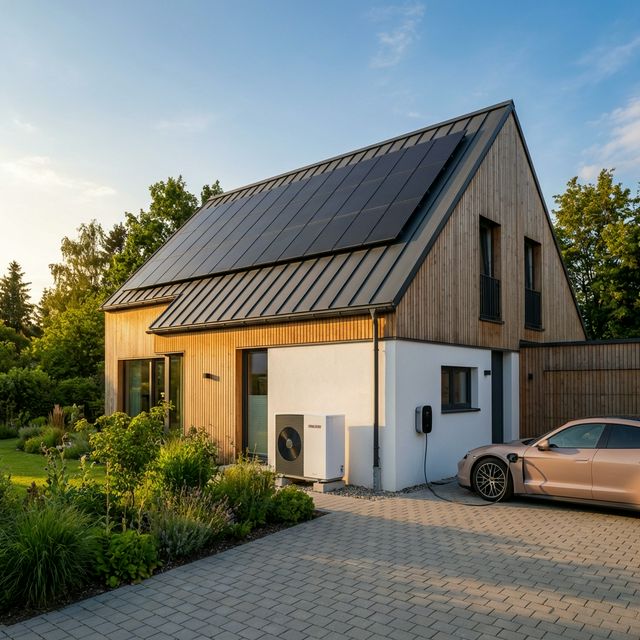 Modernes Energiehaus mit Photovoltaik, Wärmepumpe und Wallbox — VerdaSOL Komplettlösung