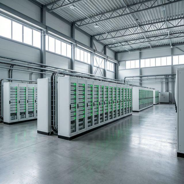 Gewerbespeicher Batteriespeichersystem in moderner Gewerbehalle — VerdaSOL