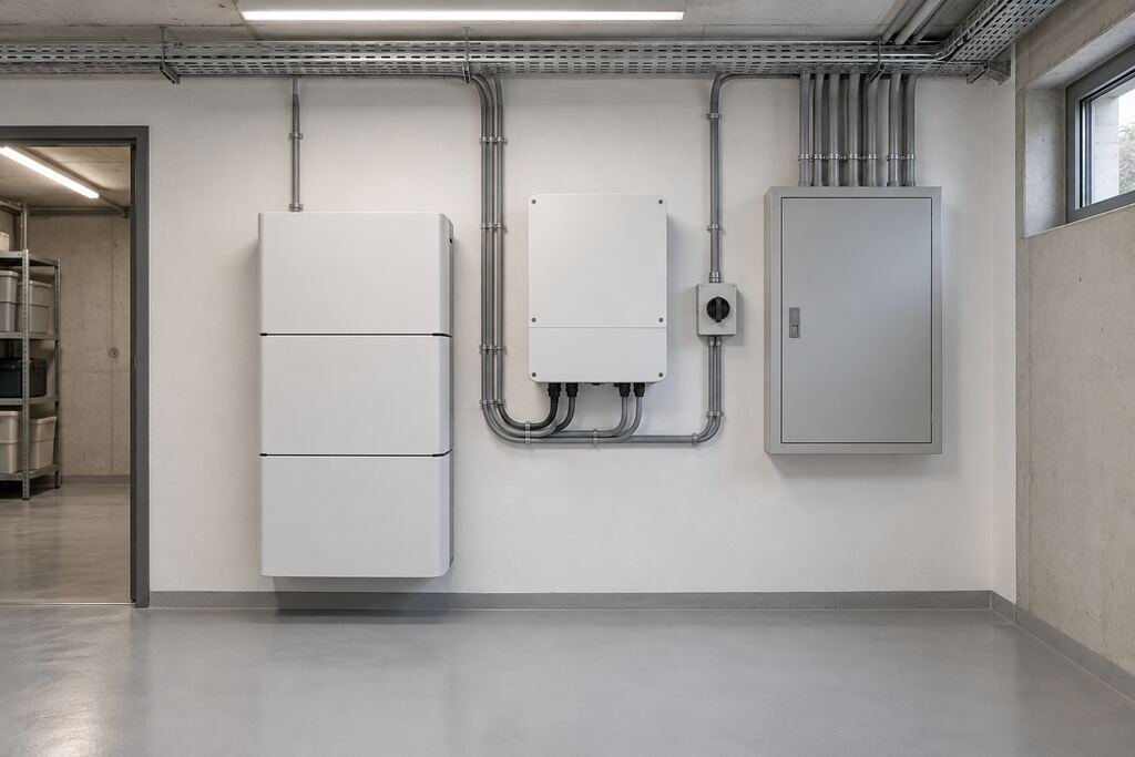 Modularer Batteriespeicher mit Hybridwechselrichter im Technikraum eines Wohnhauses (Symbolbild)