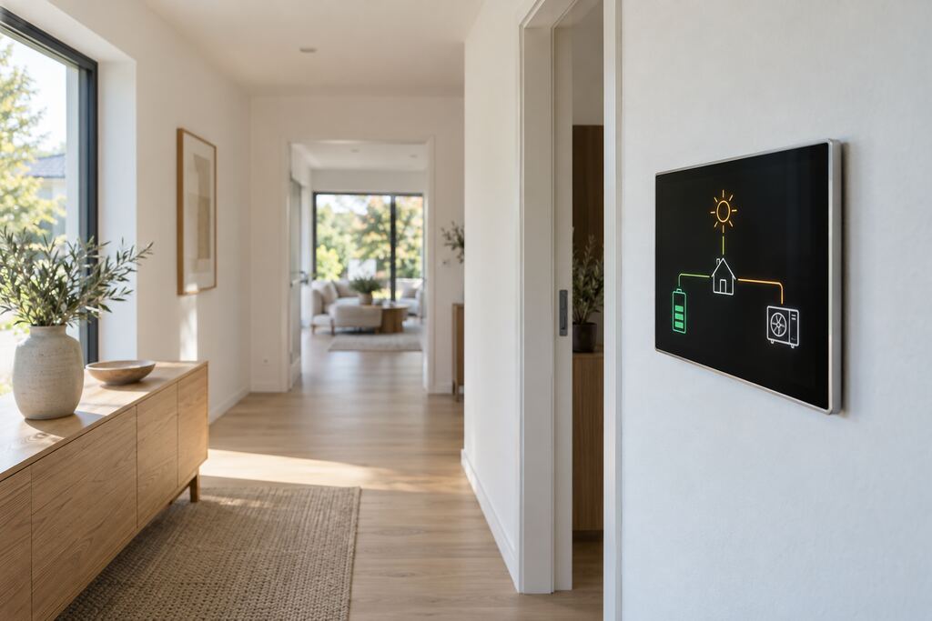 Wand-Display eines Energiemanagements im Flur zeigt den Energiefluss zwischen Sonne, Haus, Speicher und Wärmepumpe (Symbolbild)