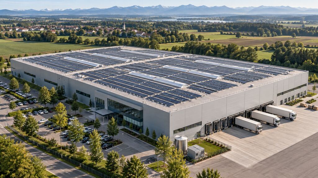 Logistikhalle mit Ost-West-Photovoltaik auf dem Flachdach aus der Luft (Symbolbild)