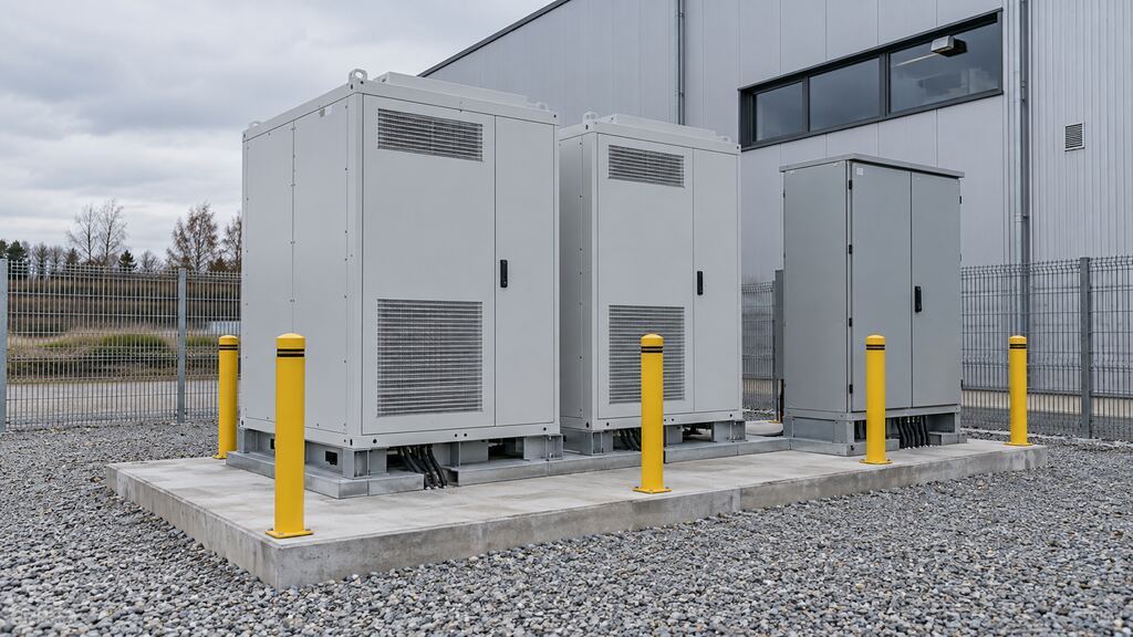 Outdoor-Batteriespeicherschränke mit Anfahrschutz neben einer Gewerbehalle (Symbolbild)