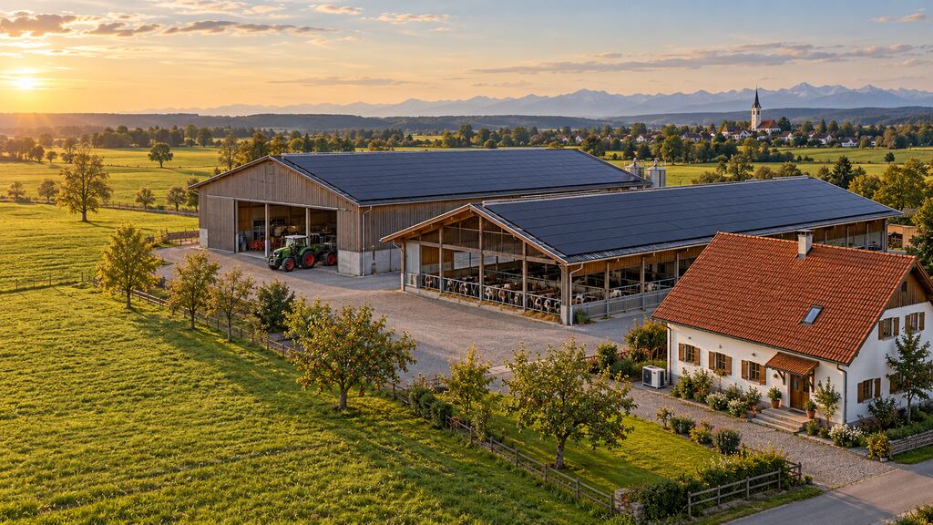 Hofstelle mit Photovoltaik auf Maschinenhalle und Stall, Bauernhaus mit Wärmepumpe im Abendlicht (Symbolbild)