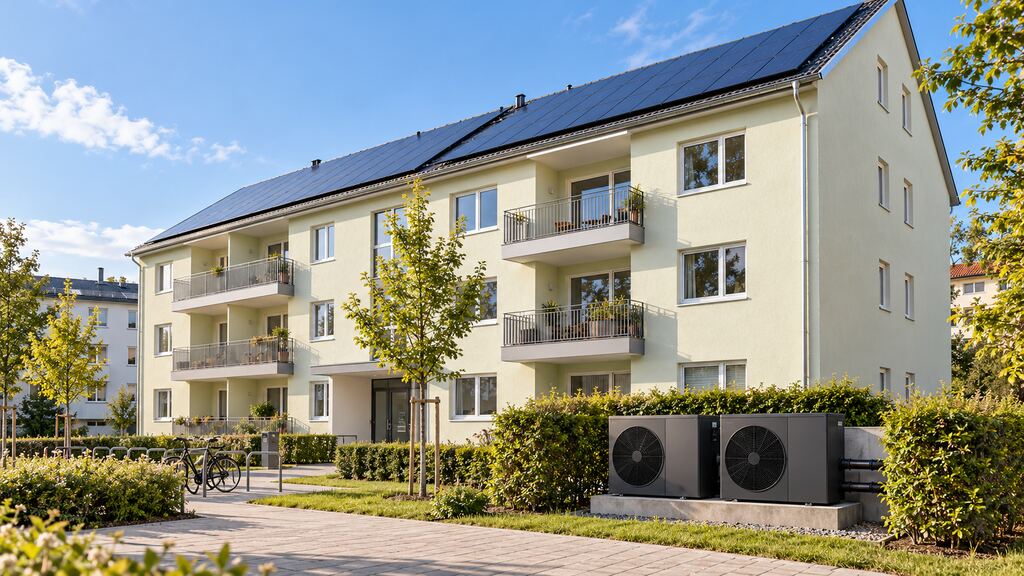 Saniertes Mehrfamilienhaus mit Photovoltaik auf dem Dach und zwei Wärmepumpen als Kaskade im Vorgarten (Symbolbild)