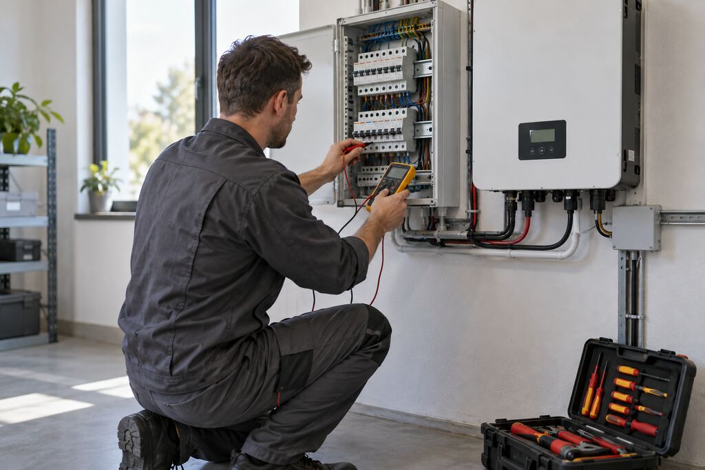 Elektrofachkraft misst an einem geöffneten Verteiler neben einem Wechselrichter (Symbolbild)