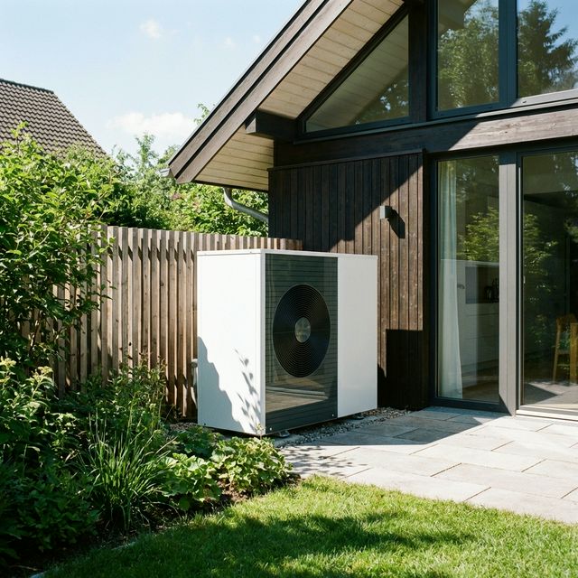 Luft-Wasser Wärmepumpe vor modernem Einfamilienhaus — professionelle Installation